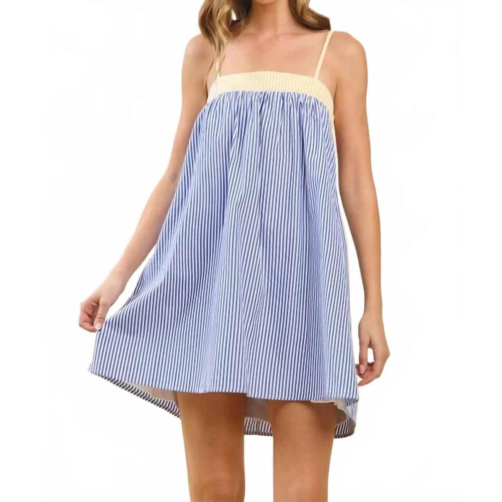 NEW TCEC relaxed babydoll mini dress in blue & white stripes